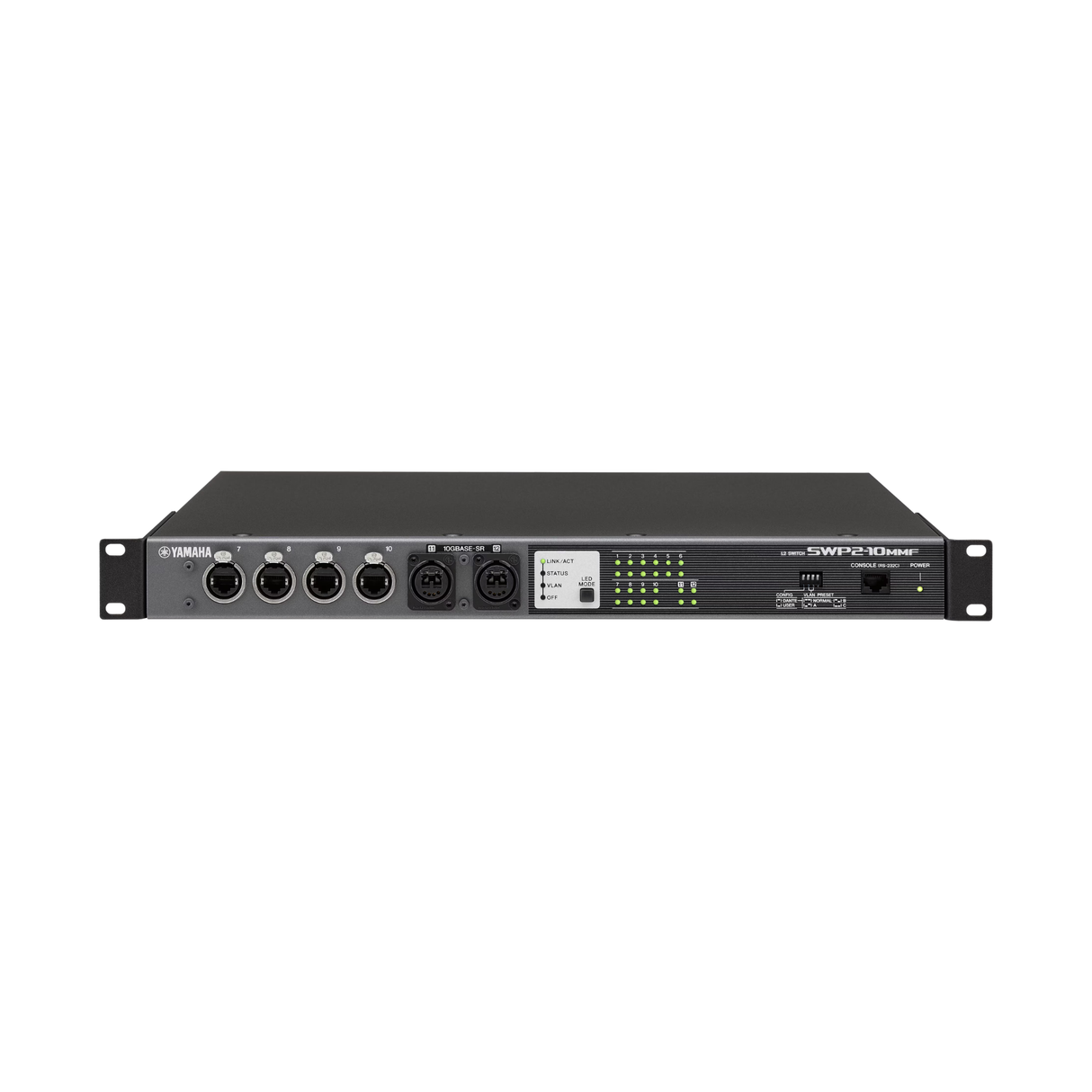 Yamaha SWP2-10MMF series network switch with 10 etherCON ports, 2 multi mode fiber opticalCON ports