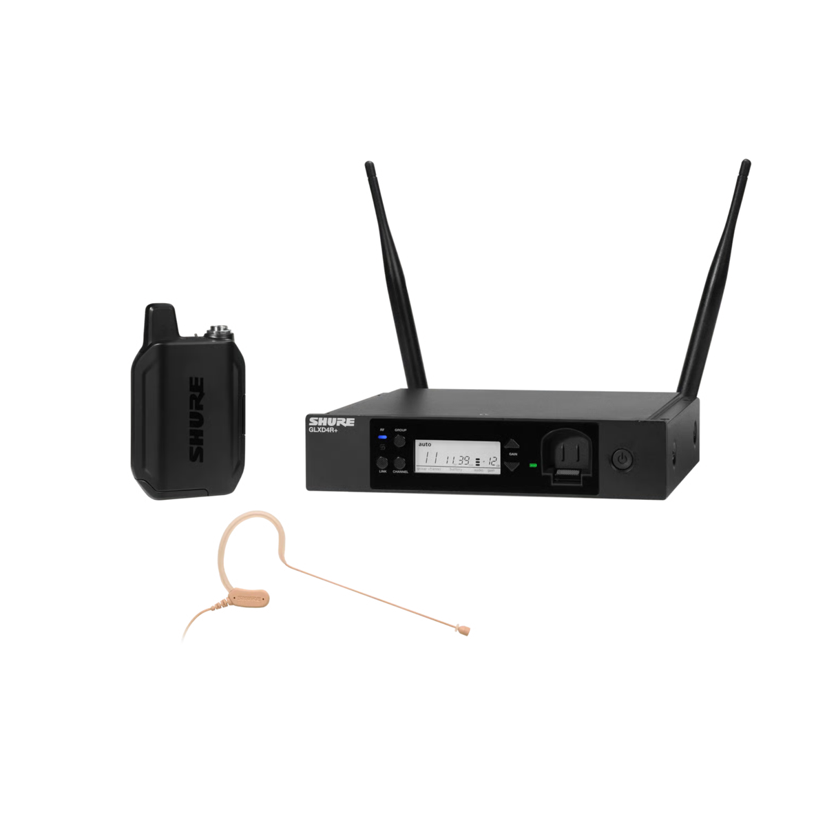 Shure GLX-D+ Dual Band Wireless System, MX153 Headworn Earset and GLXD4R+ half-rack receiver.