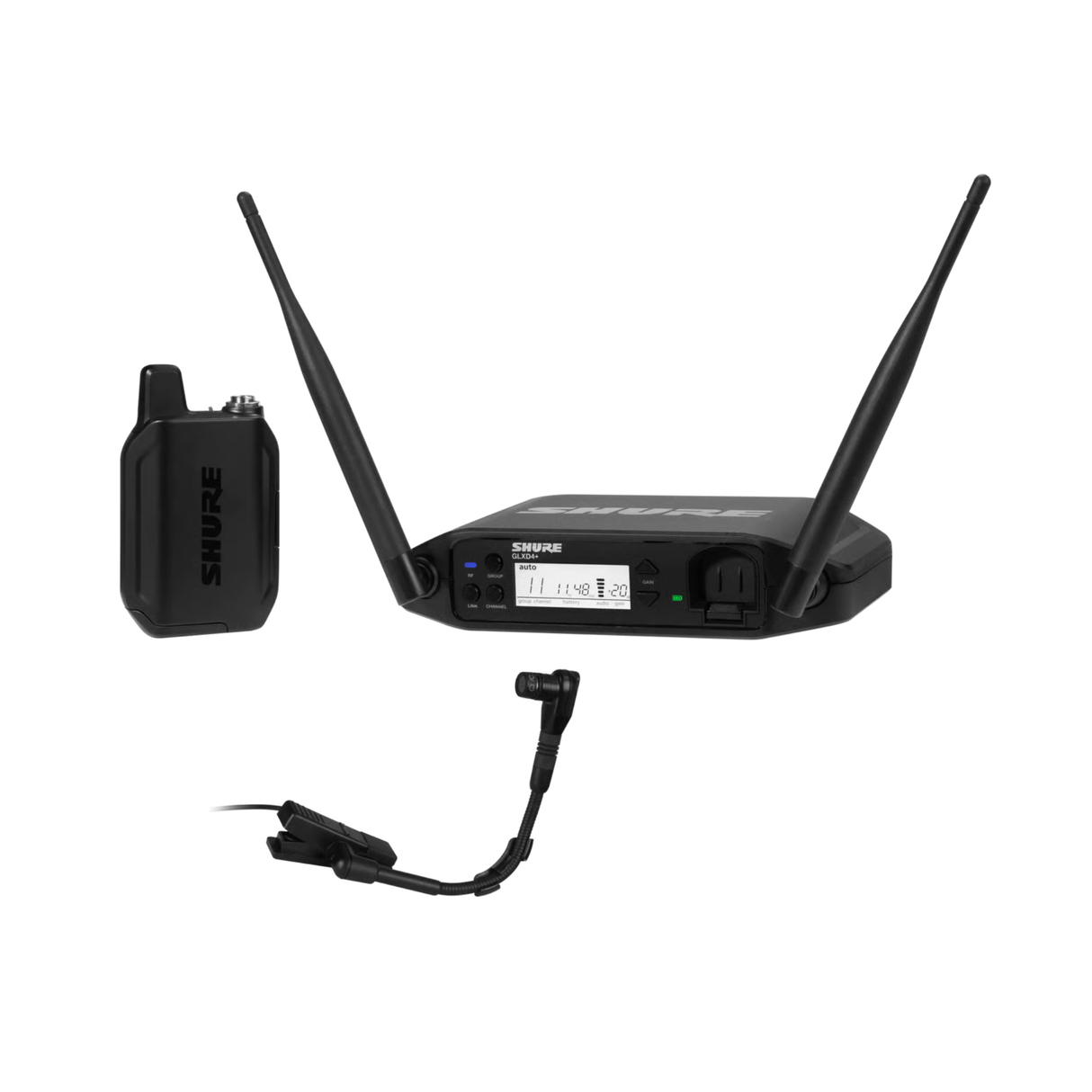 Shure GLX-D+ Dual Band Wireless System, BETA®98H/C flexible gooseneck and GLXD4+ tabletop receiver.