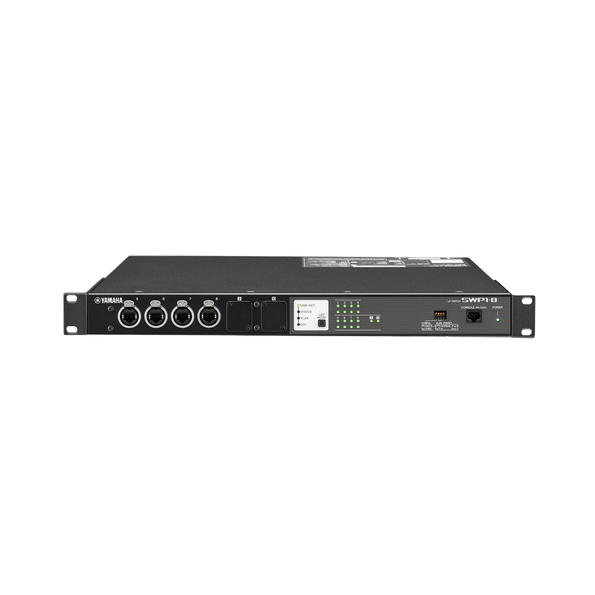 Yamaha network switch equipped with eight etherCON ports and two option slots