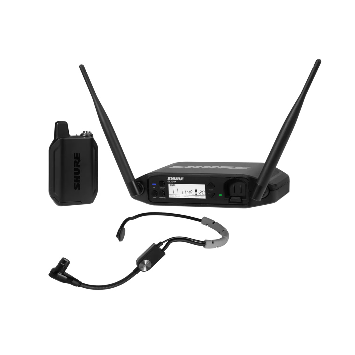 Shure GLX-D+ Dual Band Wireless System, SM35 Headset Microphone and GLXD4+ tabletop receiver.