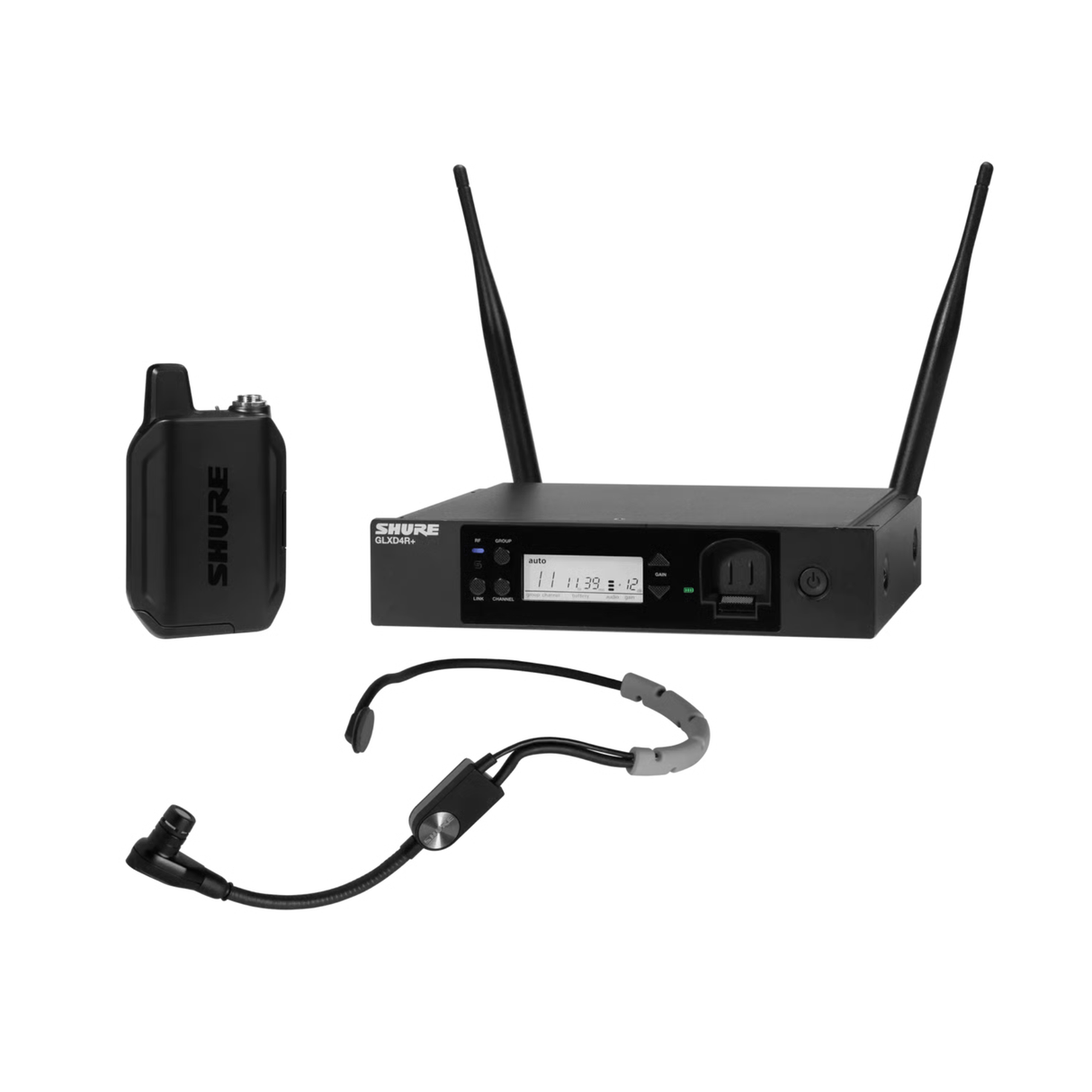 Shure GLX-D+ Dual Band Wireless System, SM31FH Headset Microphone and GLXD4R+ half-rack receiver.