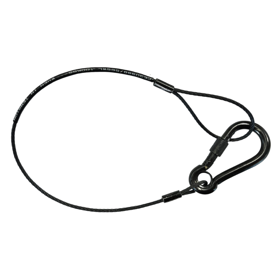 Amber Sound safety steel; 3mm black wire rope, 3in soft eye one end, 8x80 screwgate carbine at other, length 0.5m (100kg SWL when in tension)