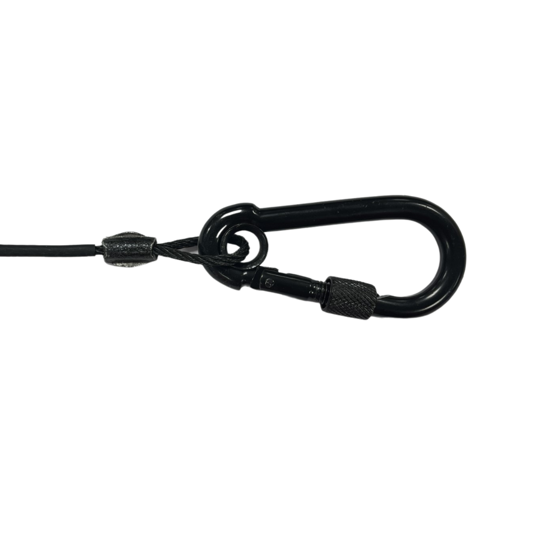 Amber Sound safety steel; 3mm black wire rope, 3in soft eye one end, 8x80 screwgate carbine at other, length 1m (100kg SWL when in tension)