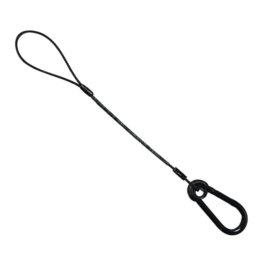 Amber Sound safety steel; 2mm black wire rope, 3in soft eye one end, 6x60 screwgate carbine at other, length 0.25m (43kg SWL when in tension)