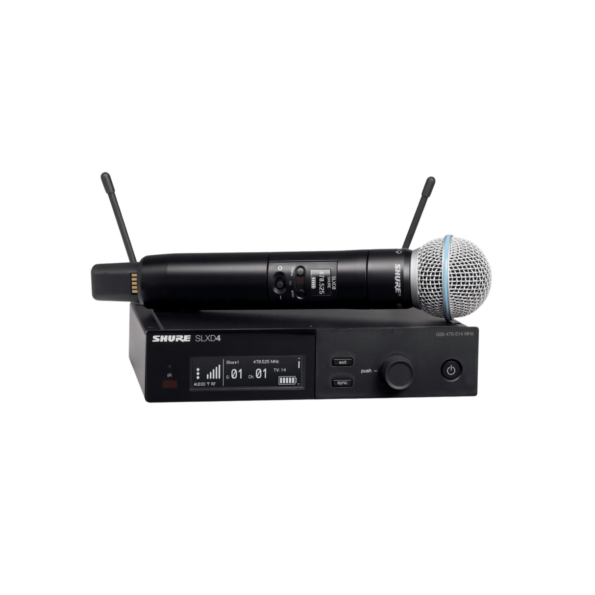 Shure single handheld wireless system; includes 1 x SLXD2 transmitter with Beta 58A mic and SLXD4UK