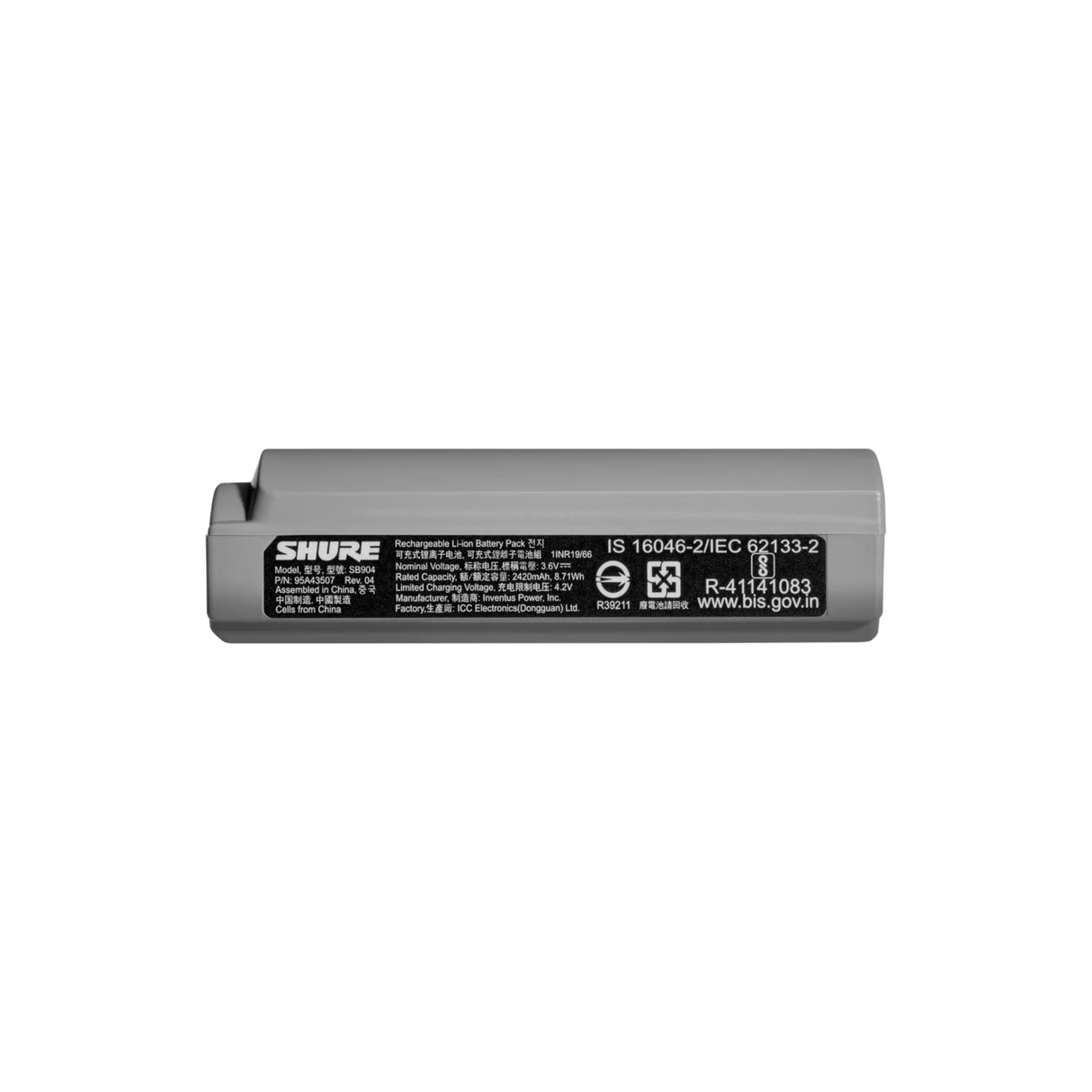 Shure SB904 lithium-ion rechargeable battery with up to 12 hours of runtime.