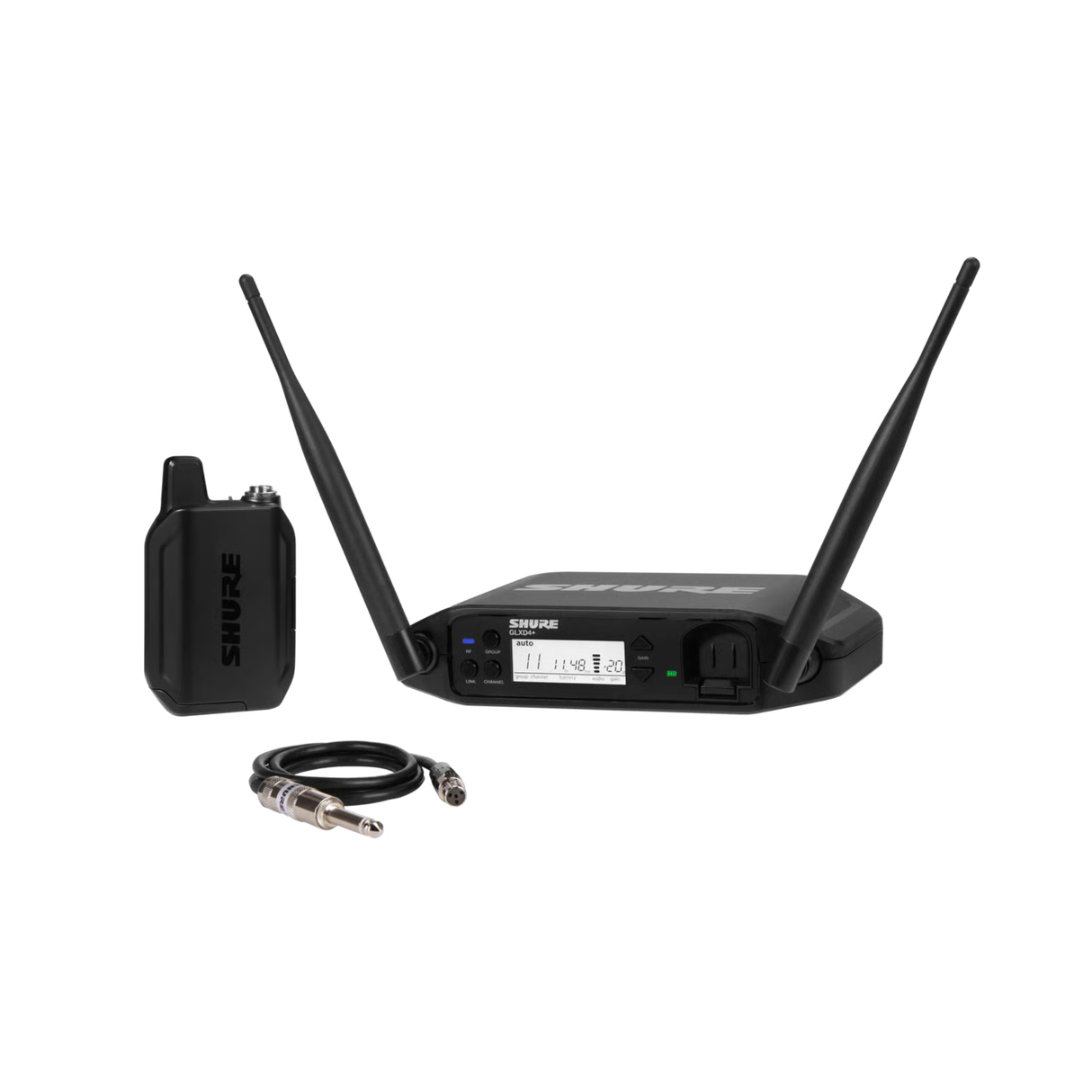 Shure GLX-D+ Dual Band Wireless System, WA302 guitar cable and GLXD4+ tabletop receiver.