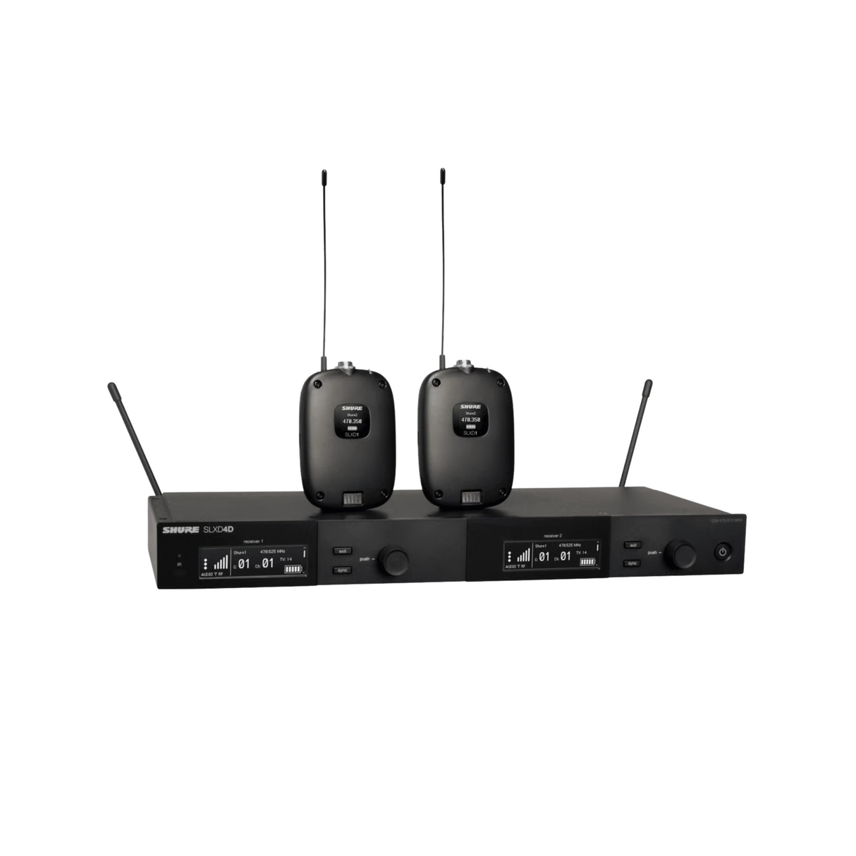 Shure dual belt pack wireless system; includes 2 x SLXD1 transmitter and SLXD4DUK receiver, 606-650M
