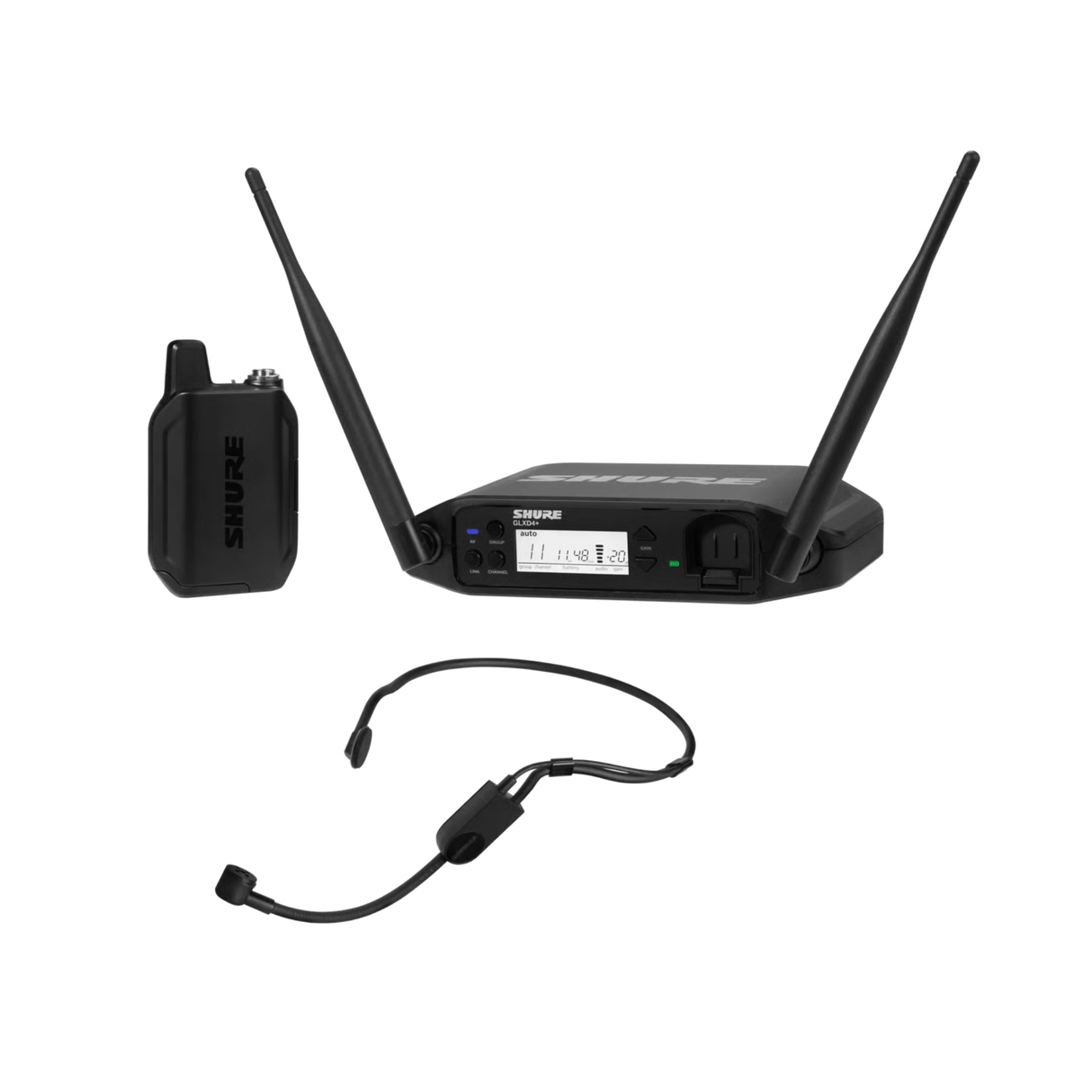 Shure GLX-D+ Dual Band Wireless System, PGA31 Headset Microphone and GLXD4+ tabletop receiver. 
