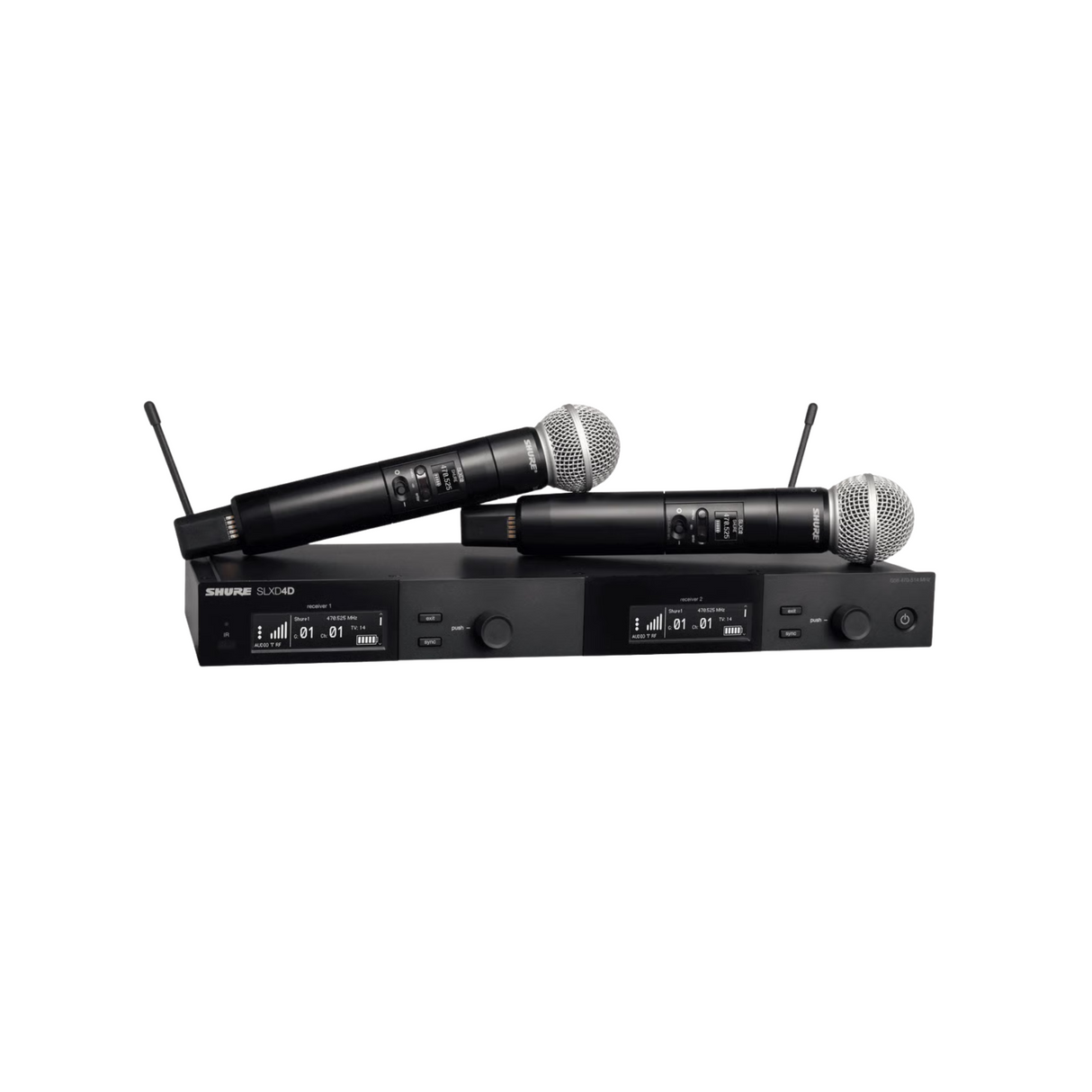 Shure dual handheld wireless system; includes 2 x SLXD2 transmitter with SM58 mic and SLXD4DUK recei
