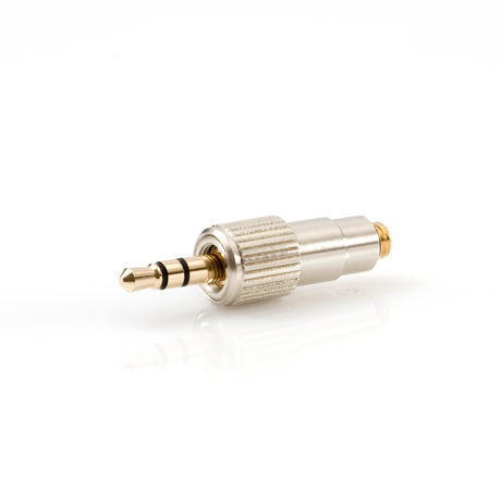 A silver-colored microphone adapter with a microLock to mini-jack connection.