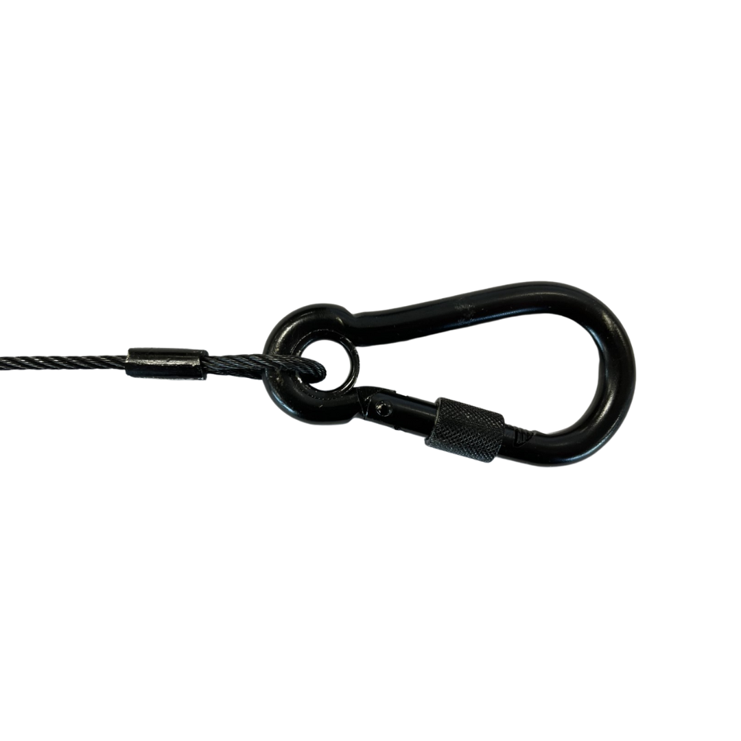 Amber Sound safety steel; 2mm black wire rope, 3in soft eye one end, 6x60 screwgate carbine at other, length 0.5m (43kg SWL when in tension)