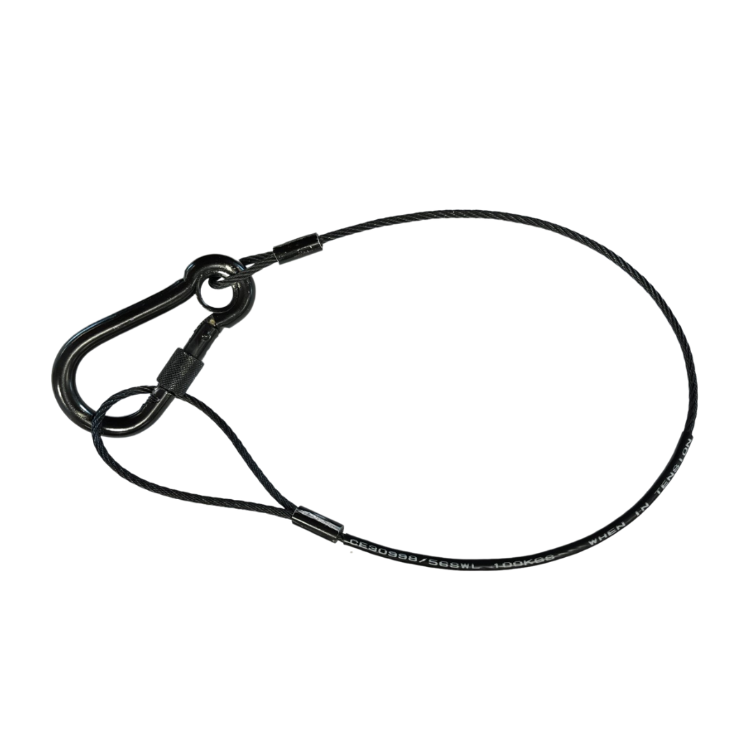 Amber Sound safety steel; 2mm black wire rope, 3in soft eye one end, 6x60 screwgate carbine at other, length 0.5m (43kg SWL when in tension)
