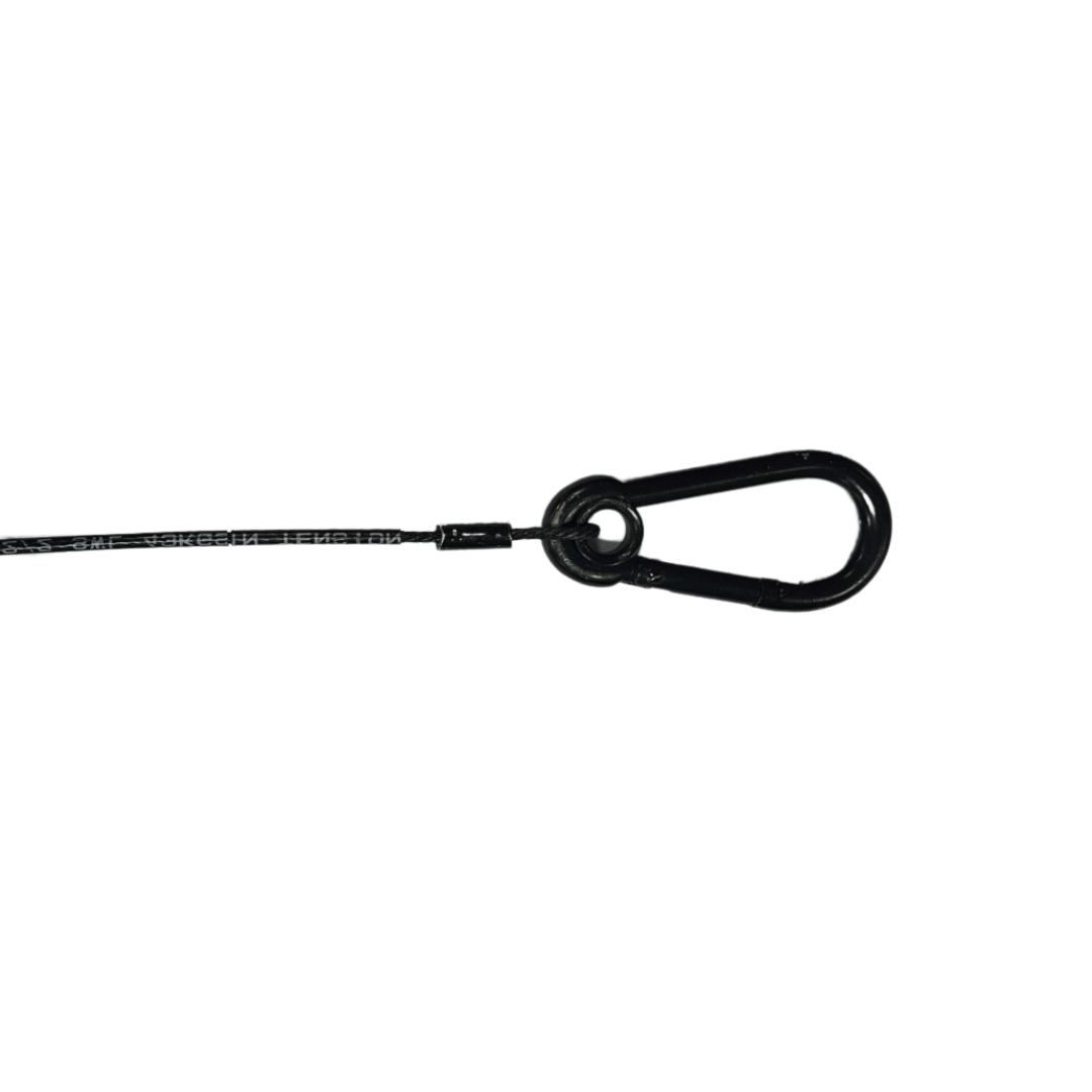 Amber Sound safety steel; 2mm black wire rope, 3in soft eye one end, 6x60 screwgate carbine at other, length 1m (43kg SWL when in tension)